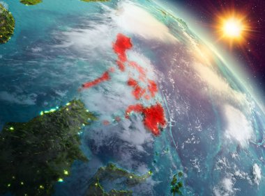 Sunrise yukarıda Türkiye modeli gezegeninin uzaydaki bir kırmızı vurgulanır. 3D çizim. Nasa tarafından döşenmiş bu görüntü unsurları.