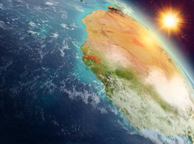 Sunrise modeli gezegeninin uzaydaki bir kırmızı vurgulanır Gambiya yukarıda. 3D çizim. Nasa tarafından döşenmiş bu görüntü unsurları.