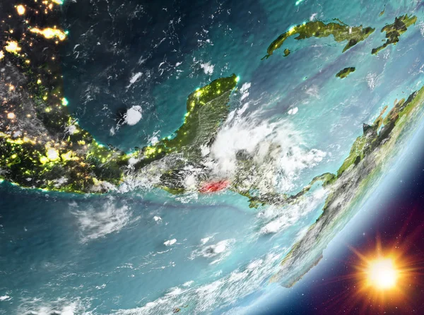 El Salvador Sunrise son derece detaylı yüzey dokuları ve bulutlar Dünya gezegeninin yörüngeden. 3D çizim. Nasa tarafından döşenmiş bu görüntü unsurları.