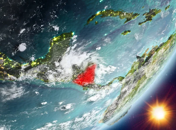 Nikaragua Sunrise son derece detaylı yüzey dokuları ve bulutlar Dünya gezegeninin yörüngeden. 3D çizim. Nasa tarafından döşenmiş bu görüntü unsurları.