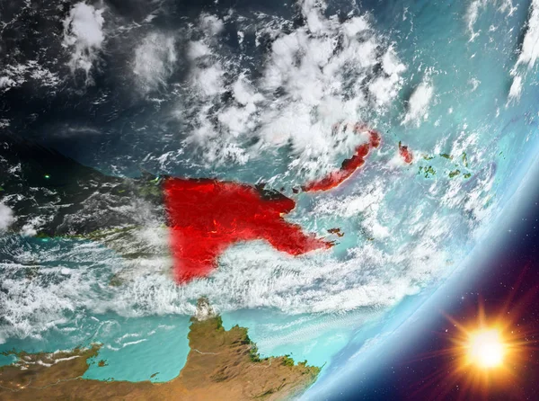 Papua Yeni Gine Sunrise son derece detaylı yüzey dokuları ve bulutlar Dünya gezegeninin yörüngeden. 3D çizim. Nasa tarafından döşenmiş bu görüntü unsurları.