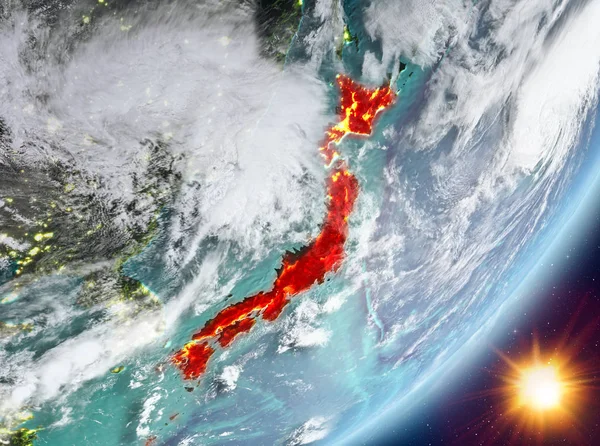 Dünya gezegeninin yörüngesinden Sunrise son derece detaylı yüzey dokuları ve bulutlar ile Japonya. 3D çizim. Nasa tarafından döşenmiş bu görüntü unsurları.