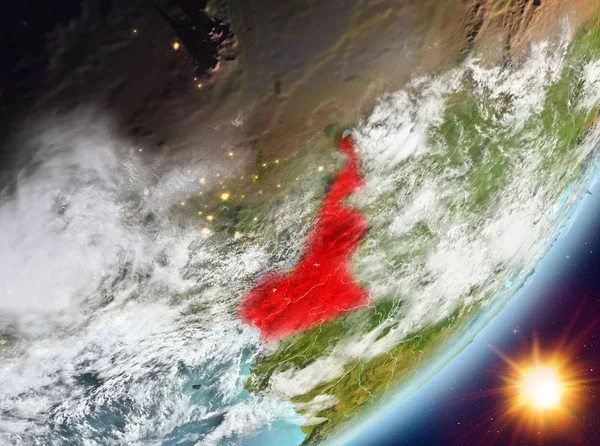 Kamerun Sunrise son derece detaylı yüzey dokuları ve bulutlar Dünya gezegeninin yörüngeden. 3D çizim. Nasa tarafından döşenmiş bu görüntü unsurları.