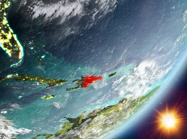 Sunrise son derece detaylı yüzey dokuları ve bulutlar Dünya gezegeninin yörüngeden Dominik Cumhuriyeti. 3D çizim. Nasa tarafından döşenmiş bu görüntü unsurları.