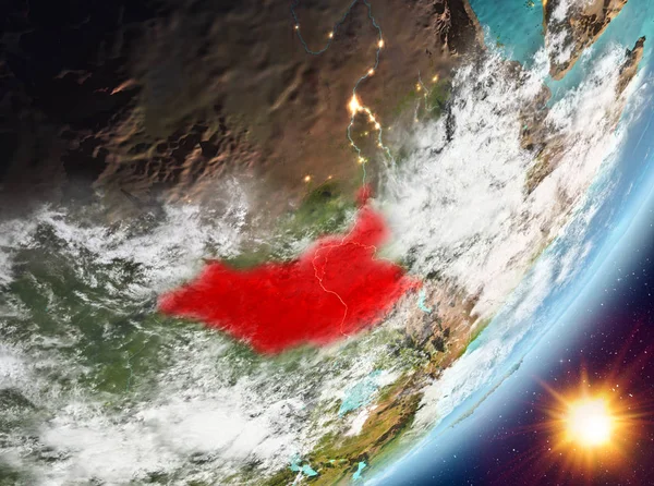 Güney Sudan Sunrise son derece detaylı yüzey dokuları ve bulutlar Dünya gezegeninin yörüngeden. 3D çizim. Nasa tarafından döşenmiş bu görüntü unsurları.