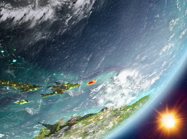 Sunrise son derece detaylı yüzey dokuları ve bulutlar Dünya gezegeninin yörüngeden Puerto Rico. 3D çizim. Nasa tarafından döşenmiş bu görüntü unsurları.