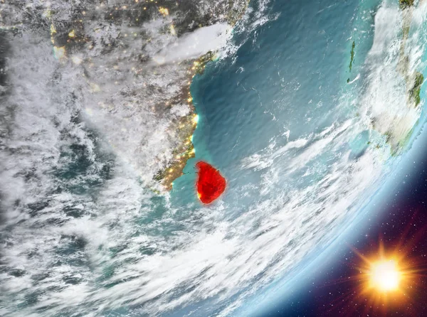 Sunrise son derece detaylı yüzey dokuları ve bulutlar Dünya gezegeninin yörüngeden Sri Lanka. 3D çizim. Nasa tarafından döşenmiş bu görüntü unsurları.