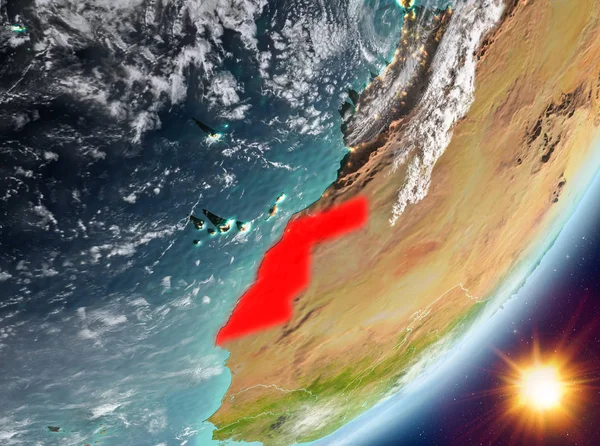 Batı Sahra Sunrise son derece detaylı yüzey dokuları ve bulutlar Dünya gezegeninin yörüngeden. 3D çizim. Nasa tarafından döşenmiş bu görüntü unsurları.