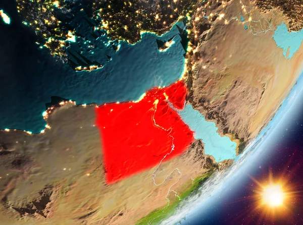 Mısır'dan Sunrise son derece detaylı yüzey dokuları ve bulutlar Dünya gezegeninin yörüngesinde. 3D çizim. Nasa tarafından döşenmiş bu görüntü unsurları.