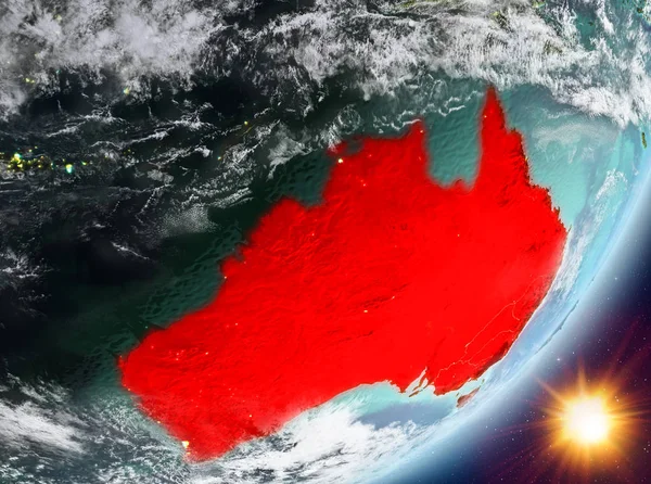 Sunrise son derece detaylı yüzey dokuları ve bulutlar Dünya gezegeninin yörüngesine Avustralya'dan. 3D çizim. Nasa tarafından döşenmiş bu görüntü unsurları.