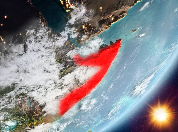 Somali Sunrise son derece detaylı yüzey dokuları ve bulutlar Dünya gezegeninin yörüngeden. 3D çizim. Nasa tarafından döşenmiş bu görüntü unsurları.