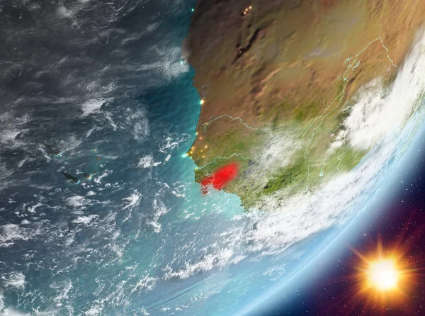 Gine-Bissau Sunrise son derece detaylı yüzey dokuları ve bulutlar Dünya gezegeninin yörüngeden. 3D çizim. Nasa tarafından döşenmiş bu görüntü unsurları.