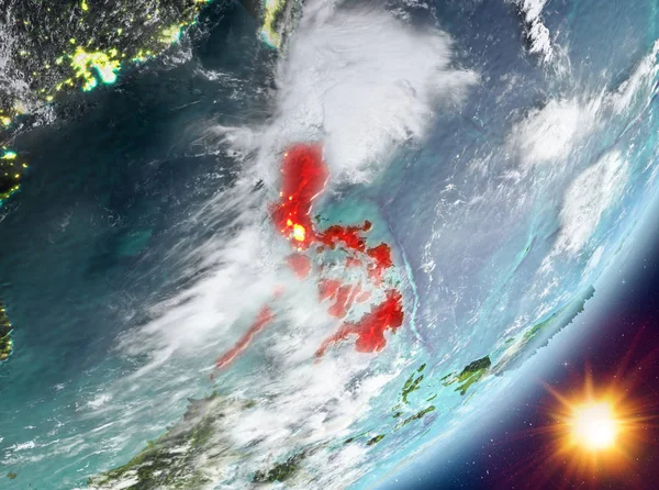 Sunrise son derece detaylı yüzey dokuları ve bulutlar Dünya gezegeninin yörüngesine Filipinler'den. 3D çizim. Nasa tarafından döşenmiş bu görüntü unsurları.