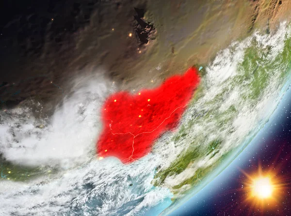 Sunrise son derece detaylı yüzey dokuları ve bulutlar Dünya gezegeninin yörüngesine Nijerya'dan. 3D çizim. Nasa tarafından döşenmiş bu görüntü unsurları.