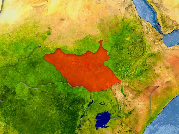 Kabarık ülkelerle gerçekçi haritada kırmızı Güney Sudan'da. 3D çizim. Nasa tarafından döşenmiş bu görüntü unsurları.