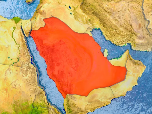 Saudi Arabia in red on realistic map with embossed countries. 3D illustration. Elements of this image furnished by NASA.