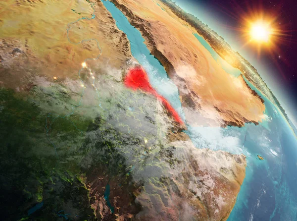 Sunrise modeli gezegeninin uzaydaki bir kırmızı vurgulanır Eritre yukarıda. 3D çizim. Nasa tarafından döşenmiş bu görüntü unsurları.
