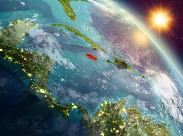 Sunrise modeli gezegeninin uzaydaki bir kırmızı vurgulanır Jamaika yukarıda. 3D çizim. Nasa tarafından döşenmiş bu görüntü unsurları.