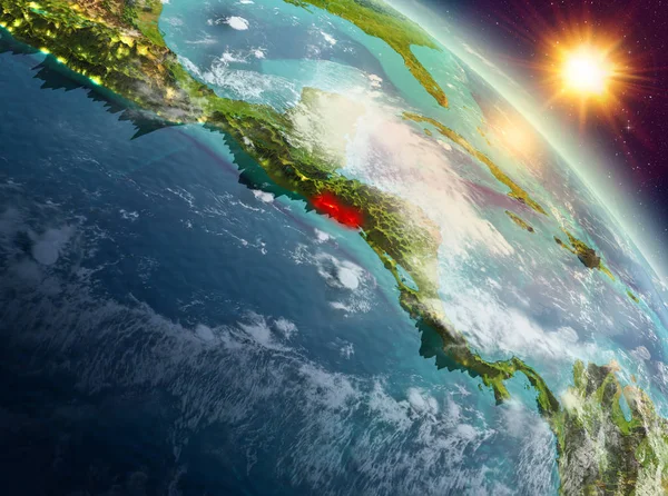 Sunrise yukarıda El Salvador modeli gezegeninin uzaydaki bir kırmızı vurgulanır. 3D çizim. Nasa tarafından döşenmiş bu görüntü unsurları.