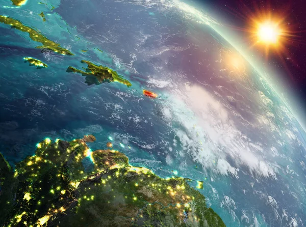 Sunrise yukarıda Porto Riko modeli gezegeninin uzaydaki bir kırmızı vurgulanır. 3D çizim. Nasa tarafından döşenmiş bu görüntü unsurları.