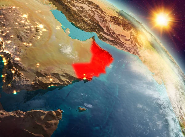 Sunrise modeli gezegeninin uzaydaki bir kırmızı vurgulanır Umman yukarıda. 3D çizim. Nasa tarafından döşenmiş bu görüntü unsurları.
