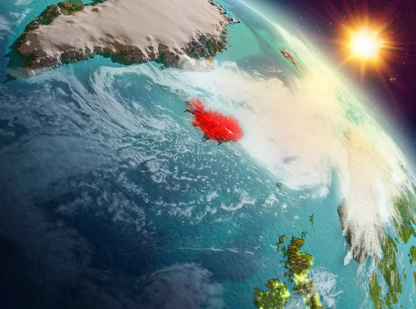 Sunrise modeli gezegeninin uzaydaki bir kırmızı vurgulanır İzlanda yukarıda. 3D çizim. Nasa tarafından döşenmiş bu görüntü unsurları.