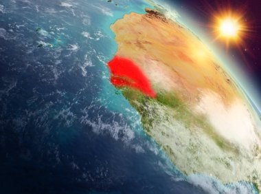 Sunrise modeli gezegeninin uzaydaki bir kırmızı vurgulanır Senegal yukarıda. 3D çizim. Nasa tarafından döşenmiş bu görüntü unsurları.