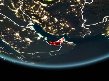 Birleşik Arap Emirlikleri görünür Kenarlıklar ve şehir ışıkları ile gece Planet Earth kırmızı vurgulanır. 3D çizim. Nasa tarafından döşenmiş bu görüntü unsurları.