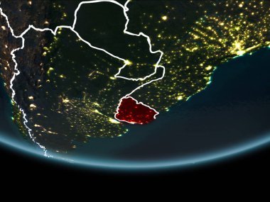 Uruguay görünür Kenarlıklar ve şehir ışıkları ile gece Planet Earth kırmızı vurgulanır. 3D çizim. Nasa tarafından döşenmiş bu görüntü unsurları.