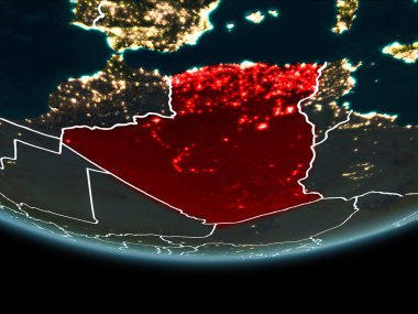 Cezayir görünür Kenarlıklar ve şehir ışıkları ile gece Planet Earth kırmızı vurgulanır. 3D çizim. Nasa tarafından döşenmiş bu görüntü unsurları.