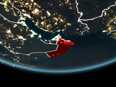Umman görünür Kenarlıklar ve şehir ışıkları ile gece Planet Earth kırmızı vurgulanır. 3D çizim. Nasa tarafından döşenmiş bu görüntü unsurları.