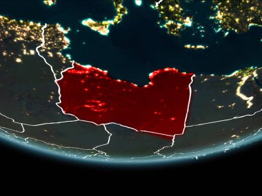 Libya görünür Kenarlıklar ve şehir ışıkları ile gece Planet Earth kırmızı vurgulanır. 3D çizim. Nasa tarafından döşenmiş bu görüntü unsurları.