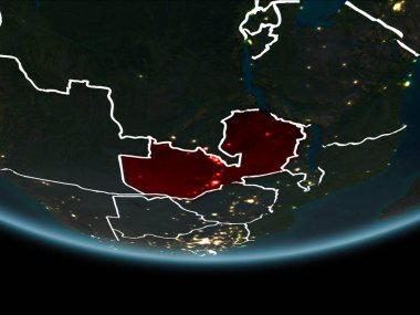 Zambiya görünür Kenarlıklar ve şehir ışıkları ile gece Planet Earth kırmızı vurgulanır. 3D çizim. Nasa tarafından döşenmiş bu görüntü unsurları.