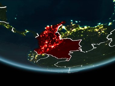 Kolombiya görünür Kenarlıklar ve şehir ışıkları ile gece Planet Earth kırmızı vurgulanır. 3D çizim. Nasa tarafından döşenmiş bu görüntü unsurları.