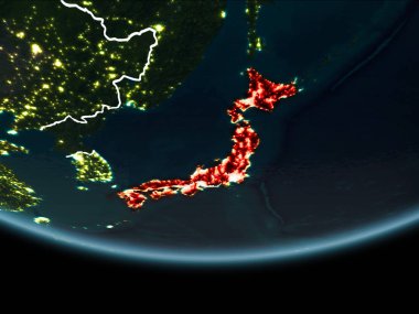 Japonya görünür Kenarlıklar ve şehir ışıkları ile gece Planet Earth kırmızı vurgulanır. 3D çizim. Nasa tarafından döşenmiş bu görüntü unsurları.