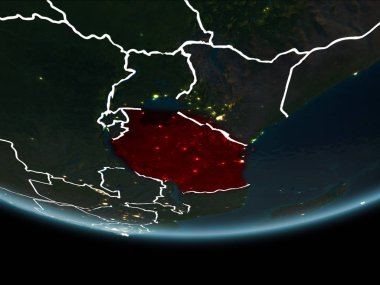 Tanzanya görünür Kenarlıklar ve şehir ışıkları ile gece Planet Earth kırmızı vurgulanır. 3D çizim. Nasa tarafından döşenmiş bu görüntü unsurları.