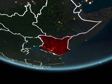 Kenya görünür Kenarlıklar ve şehir ışıkları ile gece Planet Earth kırmızı vurgulanır. 3D çizim. Nasa tarafından döşenmiş bu görüntü unsurları.