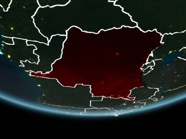 Demokratik görünür Kenarlıklar ve şehir ışıkları ile gece red Planet Earth vurgulanmış Kongo Cumhuriyeti. 3D çizim. Nasa tarafından döşenmiş bu görüntü unsurları.