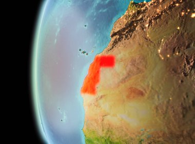 Batı Dünya yörüngesine geç akşam görüldüğü gibi Sahra Illustration. 3D çizim. Nasa tarafından döşenmiş bu görüntü unsurları.
