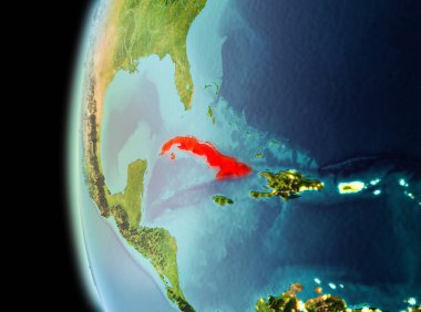 Dünya yörüngesine geç akşam görüldüğü gibi Küba Illustration. 3D çizim. Nasa tarafından döşenmiş bu görüntü unsurları.