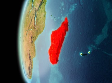 Dünya yörüngesine geç akşam görüldüğü gibi Madagaskar Illustration. 3D çizim. Nasa tarafından döşenmiş bu görüntü unsurları.