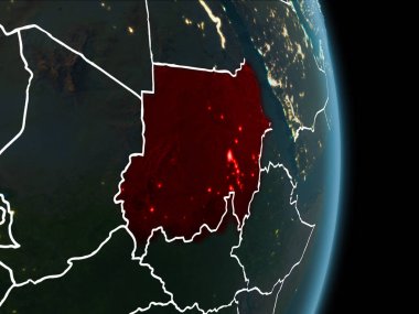 Sudan Haritası beyaz sınır çizgileri ve şehir ışıkları ile gece gezegeni uzaydan görüldüğü gibi kırmızı. 3D çizim. Nasa tarafından döşenmiş bu görüntü unsurları.