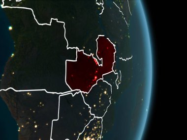 Zambiya Haritası beyaz sınır çizgileri ve şehir ışıkları ile gece gezegeni uzaydan görüldüğü gibi kırmızı. 3D çizim. Nasa tarafından döşenmiş bu görüntü unsurları.