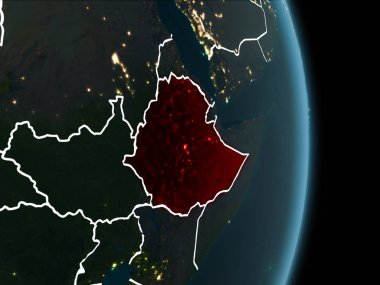 Etiyopya Haritası beyaz sınır çizgileri ve şehir ışıkları ile gece gezegeni uzaydan görüldüğü gibi kırmızı. 3D çizim. Nasa tarafından döşenmiş bu görüntü unsurları.
