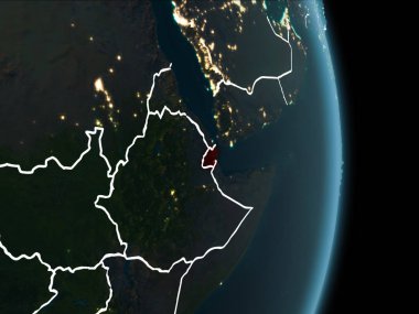 Cibuti Haritası beyaz sınır çizgileri ve şehir ışıkları ile gece gezegeni uzaydan görüldüğü gibi kırmızı. 3D çizim. Nasa tarafından döşenmiş bu görüntü unsurları.