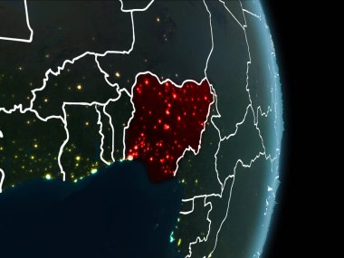 Nijerya Haritası beyaz sınır çizgileri ve şehir ışıkları ile gece gezegeni uzaydan görüldüğü gibi kırmızı. 3D çizim. Nasa tarafından döşenmiş bu görüntü unsurları.