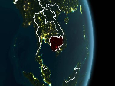 Kamboçya Haritası beyaz sınır çizgileri ve şehir ışıkları ile gece gezegeni uzaydan görüldüğü gibi kırmızı. 3D çizim. Nasa tarafından döşenmiş bu görüntü unsurları.