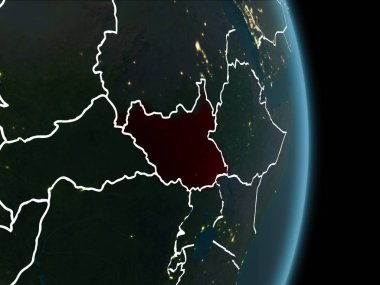 Güney Sudan Haritası beyaz sınır çizgileri ve şehir ışıkları ile gece gezegeni uzaydan görüldüğü gibi kırmızı. 3D çizim. Nasa tarafından döşenmiş bu görüntü unsurları.