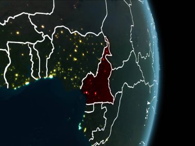 Kamerun Haritası beyaz sınır çizgileri ve şehir ışıkları ile gece gezegeni uzaydan görüldüğü gibi kırmızı. 3D çizim. Nasa tarafından döşenmiş bu görüntü unsurları.