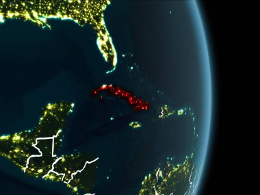 Küba Haritası Beyaz sınır çizgileri ve şehir ışıkları ile gece gezegeni uzaydan görüldüğü gibi kırmızı. 3D çizim. Nasa tarafından döşenmiş bu görüntü unsurları.